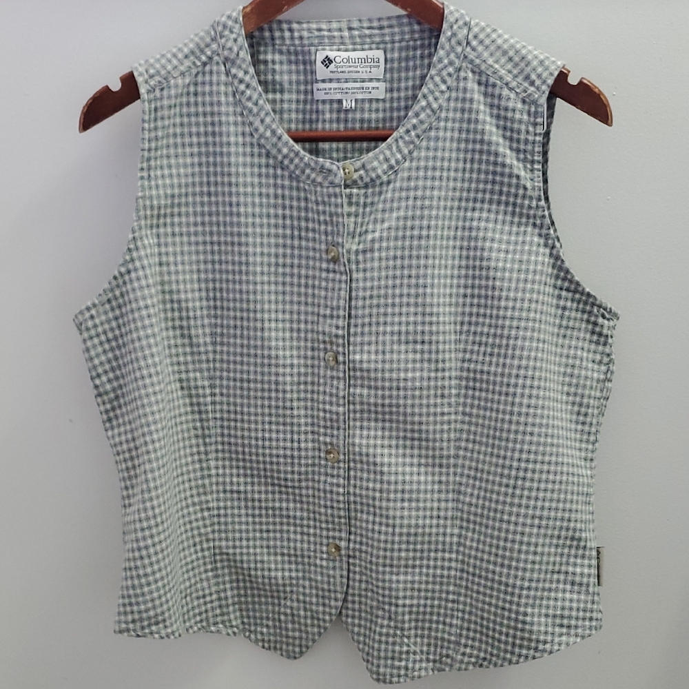Vintage Columbia Plaid Button-Up Shirt Vest - Light Green, Navy & White Medium